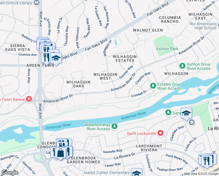 map of restaurants, bars, coffee shops, grocery stores, and more near 3880 American River Drive in Sacramento