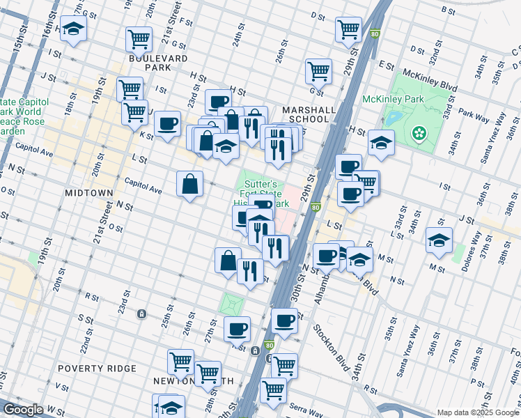 map of restaurants, bars, coffee shops, grocery stores, and more near 2711 Capitol Avenue in Sacramento