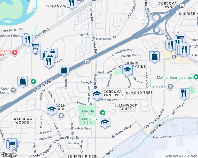 map of restaurants, bars, coffee shops, grocery stores, and more near 10126 Reba Court in Sacramento