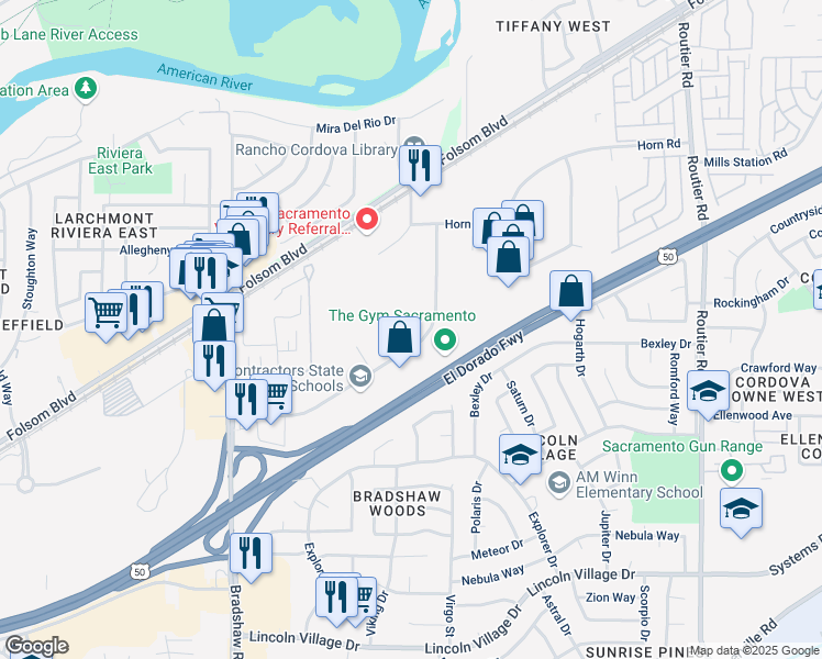 map of restaurants, bars, coffee shops, grocery stores, and more near 9840 Business Park Drive in Sacramento