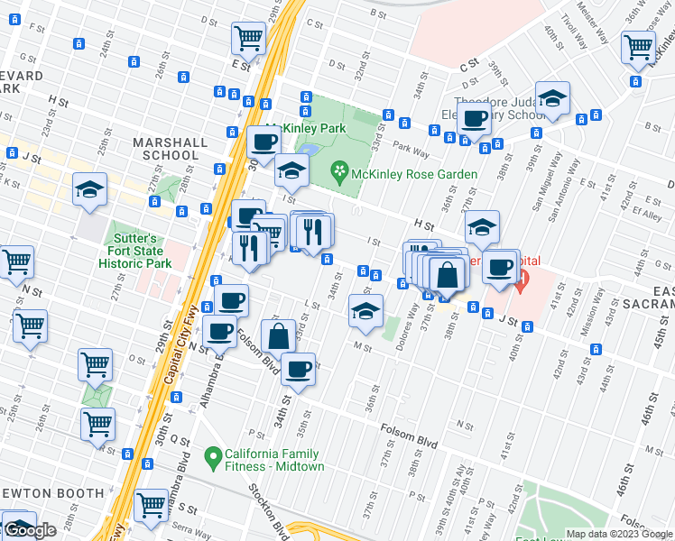 map of restaurants, bars, coffee shops, grocery stores, and more near 1034 Santa Barbara Street in Sacramento