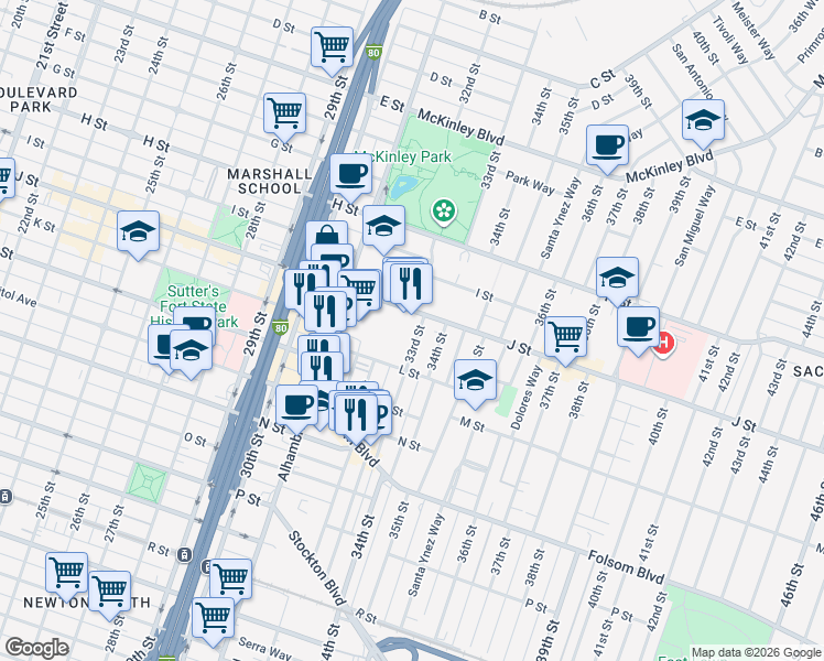 map of restaurants, bars, coffee shops, grocery stores, and more near 1103 33rd Street in Sacramento