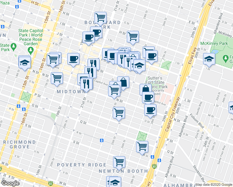 map of restaurants, bars, coffee shops, grocery stores, and more near 2405 N Street in Sacramento