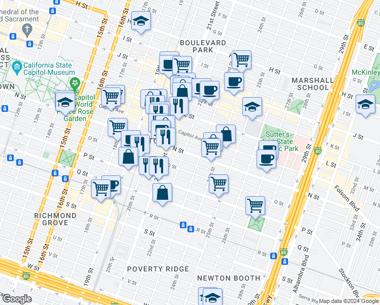 map of restaurants, bars, coffee shops, grocery stores, and more near 2204 N Street in Sacramento
