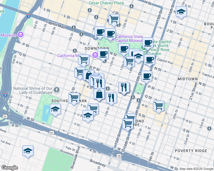 map of restaurants, bars, coffee shops, grocery stores, and more near 1213 R Street in Sacramento