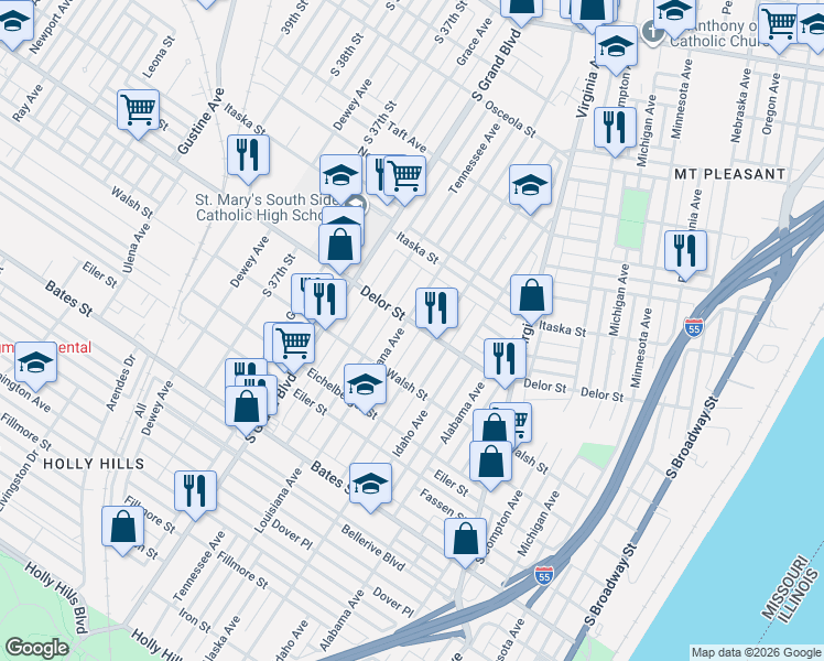 map of restaurants, bars, coffee shops, grocery stores, and more near 5032 Louisiana Avenue in St. Louis
