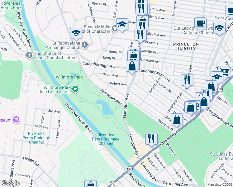 map of restaurants, bars, coffee shops, grocery stores, and more near 5821 Sunshine Drive in St. Louis