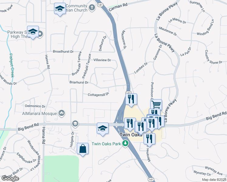 map of restaurants, bars, coffee shops, grocery stores, and more near 1005 Hazel Falls Drive in Ballwin