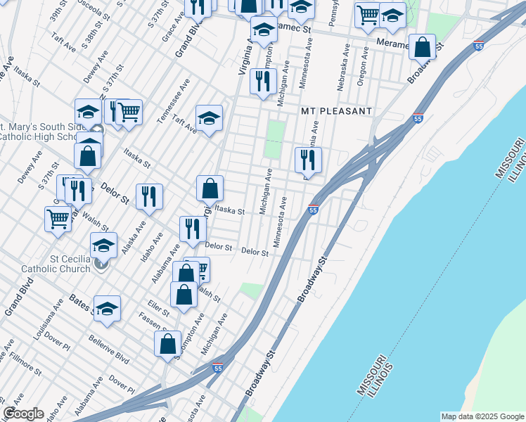 map of restaurants, bars, coffee shops, grocery stores, and more near 4654 Michigan Avenue in St. Louis