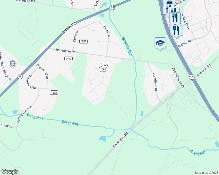 map of restaurants, bars, coffee shops, grocery stores, and more near 6369 Pitcher Court in Bealeton