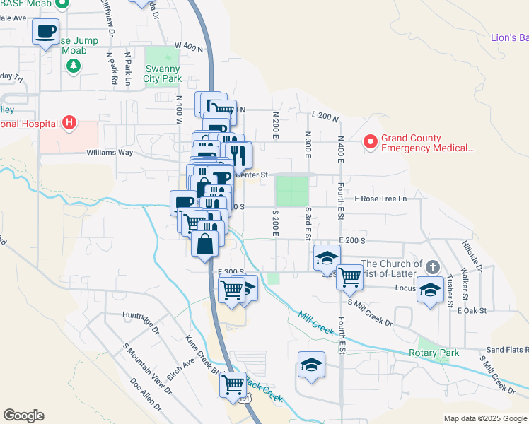 map of restaurants, bars, coffee shops, grocery stores, and more near 150 South 2nd East Street in Moab