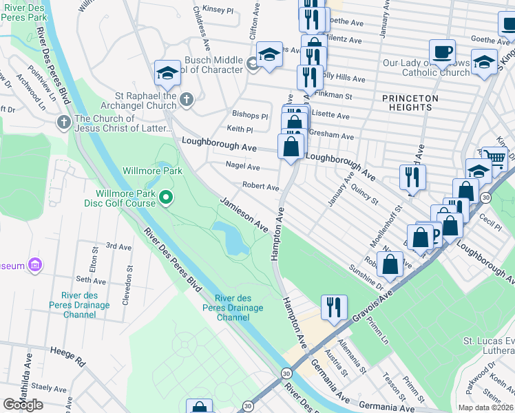 map of restaurants, bars, coffee shops, grocery stores, and more near 5821 Sunshine Drive in St. Louis