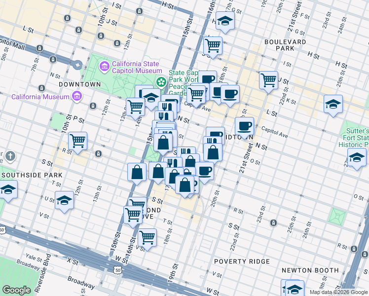 map of restaurants, bars, coffee shops, grocery stores, and more near 1705 P Street in Sacramento