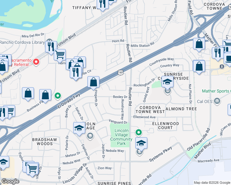 map of restaurants, bars, coffee shops, grocery stores, and more near 10038 Biscanewoods Way in Sacramento