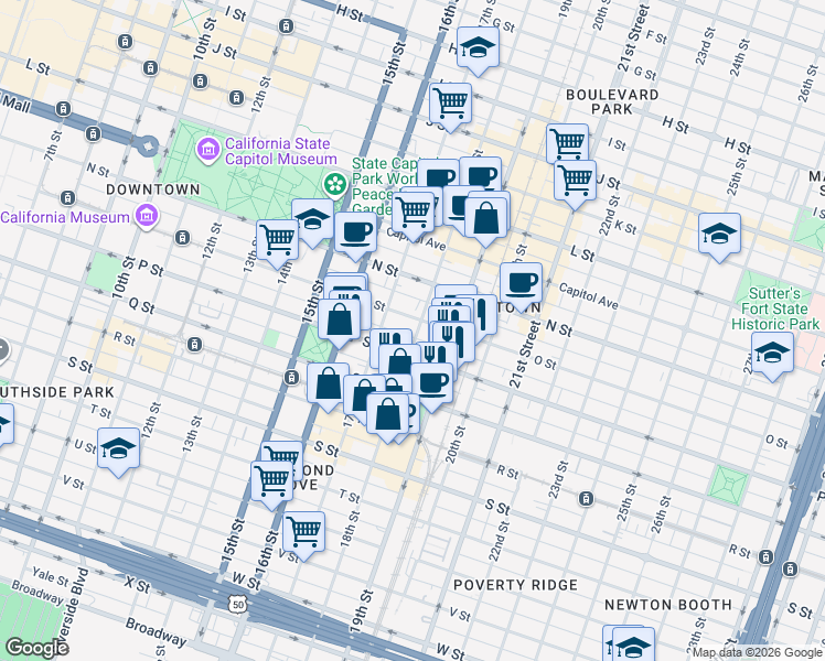 map of restaurants, bars, coffee shops, grocery stores, and more near 1510 18th Street in Sacramento