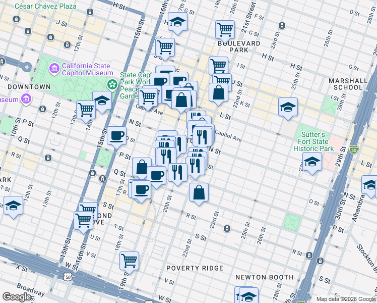 map of restaurants, bars, coffee shops, grocery stores, and more near 1419 20th Street in Sacramento