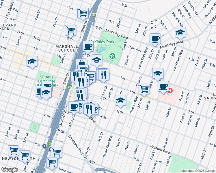 map of restaurants, bars, coffee shops, grocery stores, and more near 1103 33rd Street in Sacramento