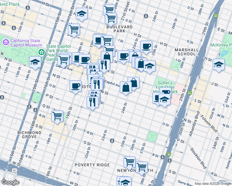 map of restaurants, bars, coffee shops, grocery stores, and more near 2310 N Street in Sacramento