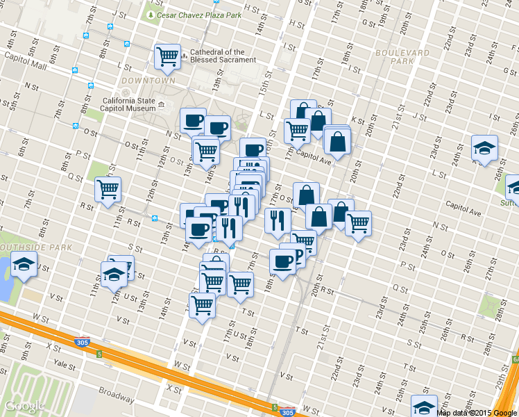 map of restaurants, bars, coffee shops, grocery stores, and more near 1609 16th Street in Sacramento