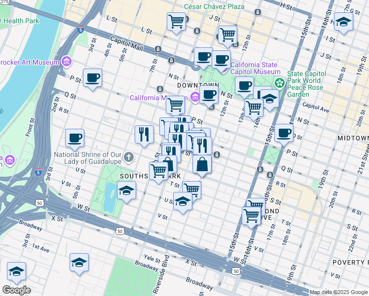 map of restaurants, bars, coffee shops, grocery stores, and more near 1815 10th Street in Sacramento
