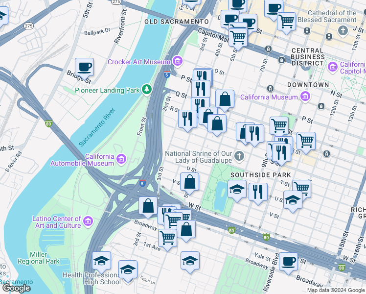 map of restaurants, bars, coffee shops, grocery stores, and more near 2011 4th Street in Sacramento