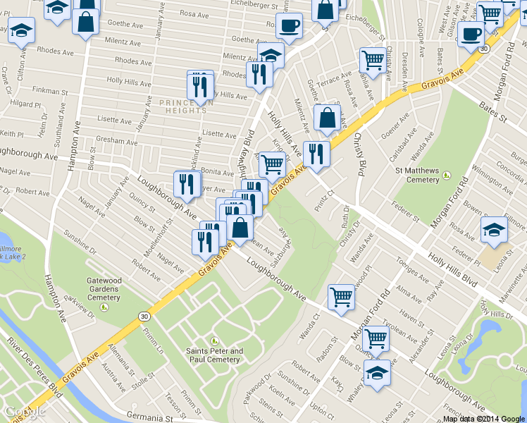 map of restaurants, bars, coffee shops, grocery stores, and more near in St. Louis