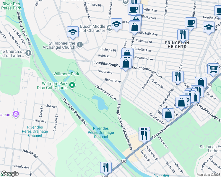 map of restaurants, bars, coffee shops, grocery stores, and more near 5821 Sunshine Drive in St. Louis