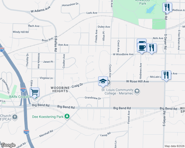 map of restaurants, bars, coffee shops, grocery stores, and more near 1233 Dubray Court in Kirkwood