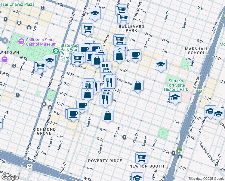 map of restaurants, bars, coffee shops, grocery stores, and more near 2107 O Street in Sacramento