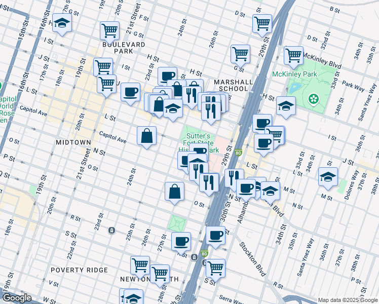 map of restaurants, bars, coffee shops, grocery stores, and more near 2711 Capitol Avenue in Sacramento