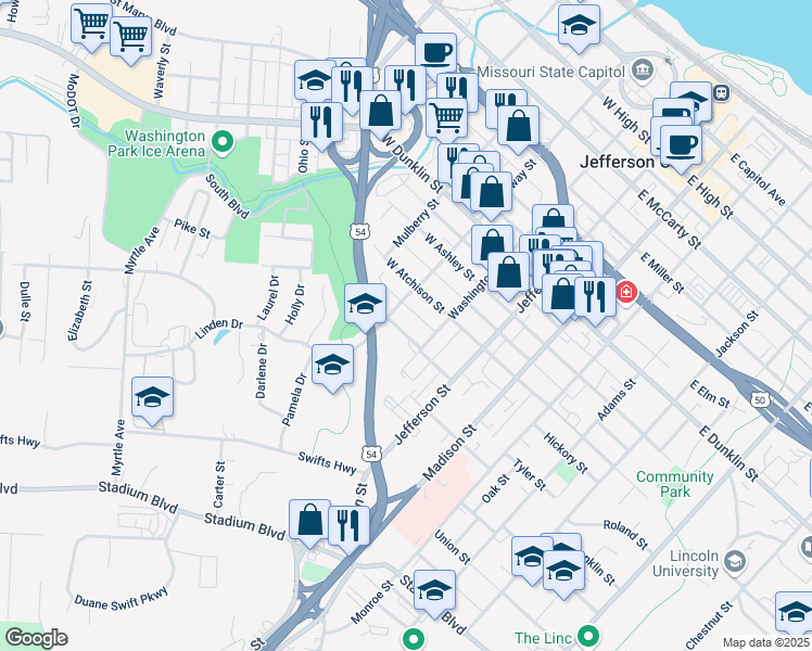 map of restaurants, bars, coffee shops, grocery stores, and more near 1000 Washington St in Jefferson City