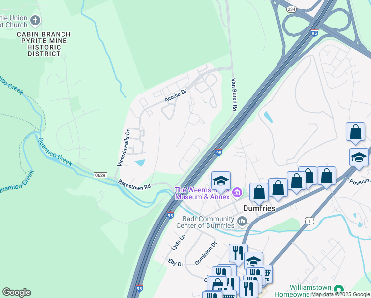map of restaurants, bars, coffee shops, grocery stores, and more near 4060 Presidential Hill Loop in Dumfries