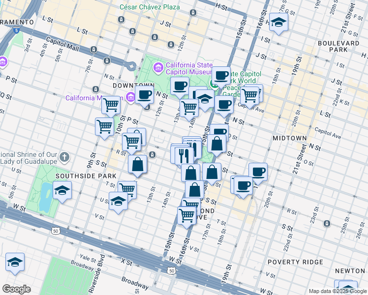 map of restaurants, bars, coffee shops, grocery stores, and more near 1619 14th Street in Sacramento