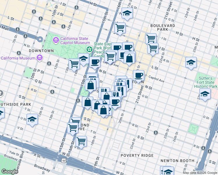 map of restaurants, bars, coffee shops, grocery stores, and more near 1730 O Street in Sacramento