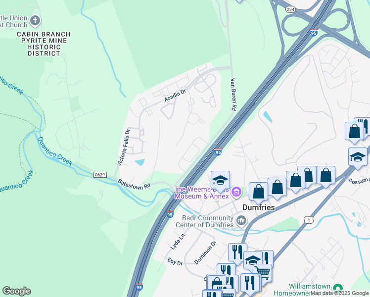 map of restaurants, bars, coffee shops, grocery stores, and more near 4060 Presidential Hill Loop in Dumfries