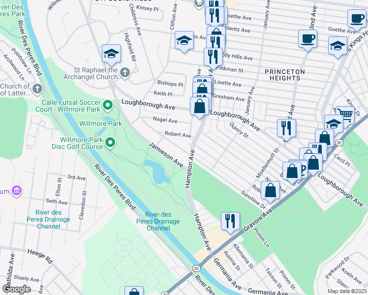 map of restaurants, bars, coffee shops, grocery stores, and more near 5821 Sunshine Drive in St. Louis