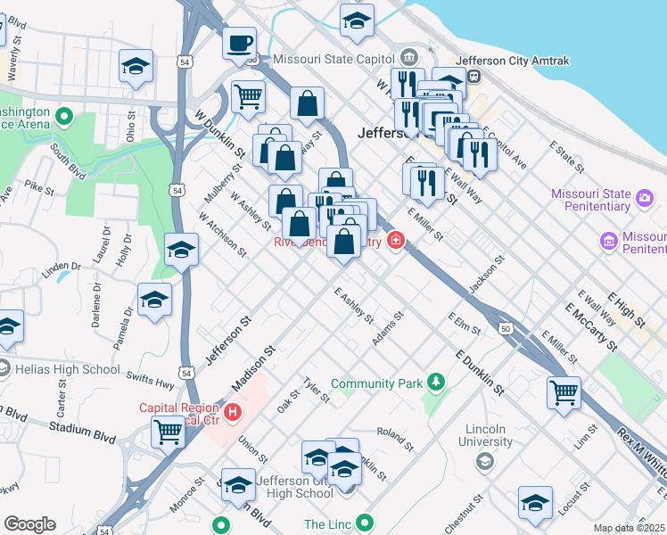 map of restaurants, bars, coffee shops, grocery stores, and more near 704 Madison Street in Jefferson City