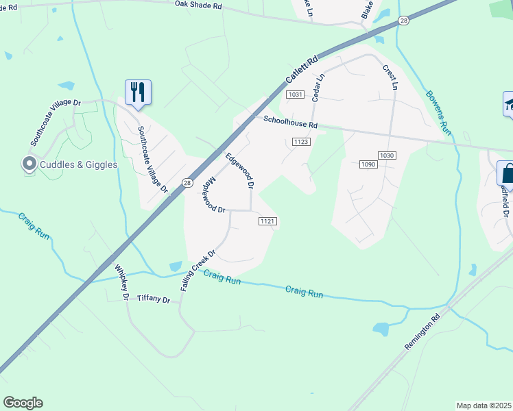 map of restaurants, bars, coffee shops, grocery stores, and more near 6935 Maplewood Drive in Bealeton