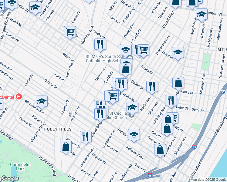 map of restaurants, bars, coffee shops, grocery stores, and more near 5240 Grace Avenue in St. Louis