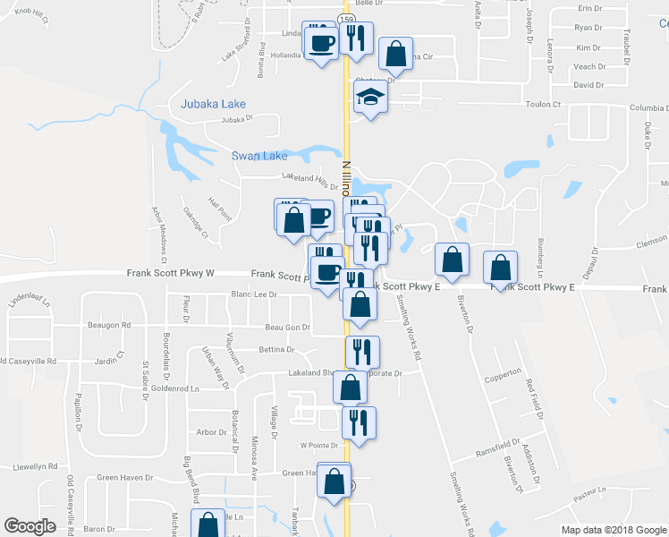 map of restaurants, bars, coffee shops, grocery stores, and more near 4605 North Illinois Street in Fairview Heights