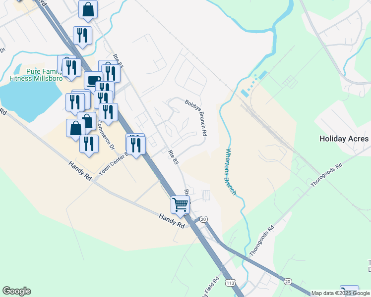 map of restaurants, bars, coffee shops, grocery stores, and more near 199 Bobbys Branch Road in Millsboro