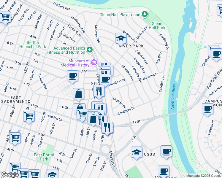 map of restaurants, bars, coffee shops, grocery stores, and more near 5498 Carlson Drive in Sacramento