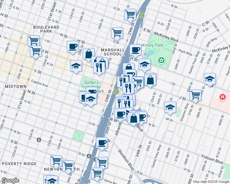 map of restaurants, bars, coffee shops, grocery stores, and more near in Sacramento