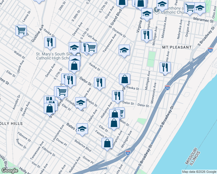 map of restaurants, bars, coffee shops, grocery stores, and more near 4750 Idaho Avenue in St. Louis