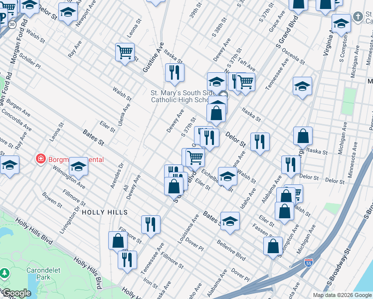 map of restaurants, bars, coffee shops, grocery stores, and more near 5240 Grace Avenue in St. Louis