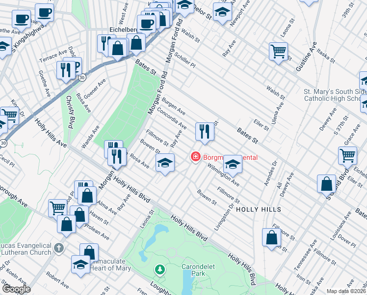 map of restaurants, bars, coffee shops, grocery stores, and more near 4061 Fillmore Street in St. Louis