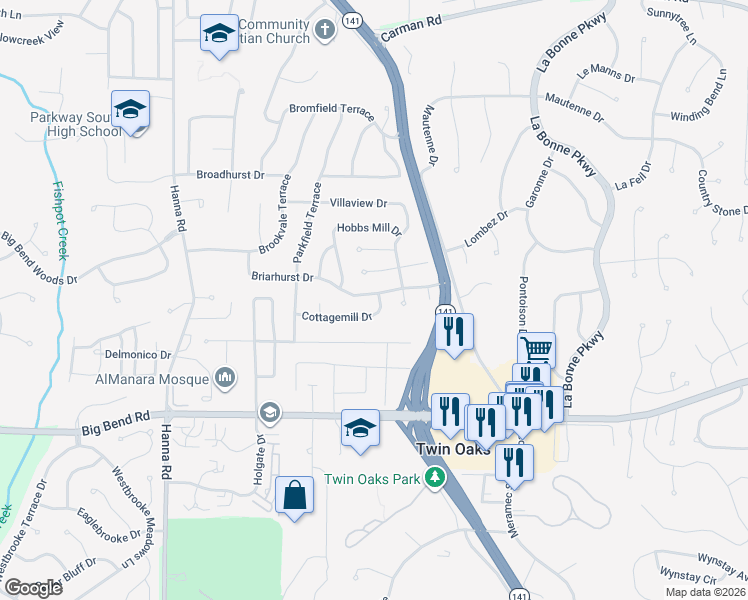 map of restaurants, bars, coffee shops, grocery stores, and more near 1262 Cottagemill Drive in Ballwin