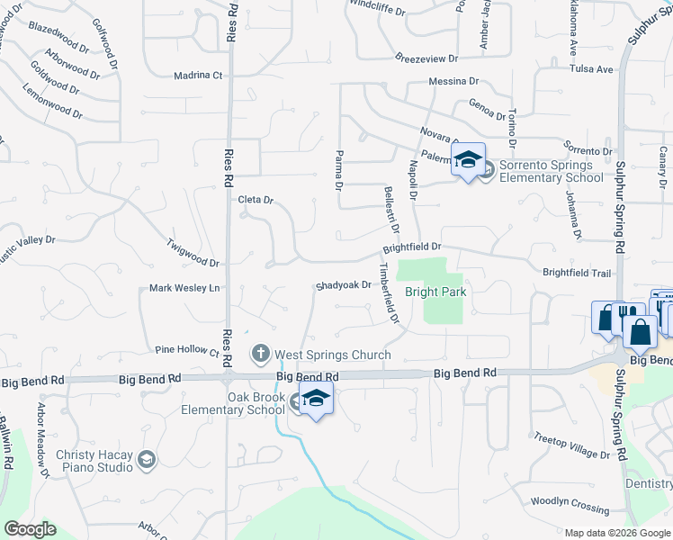 map of restaurants, bars, coffee shops, grocery stores, and more near 198 Shadyoak Drive in Ballwin