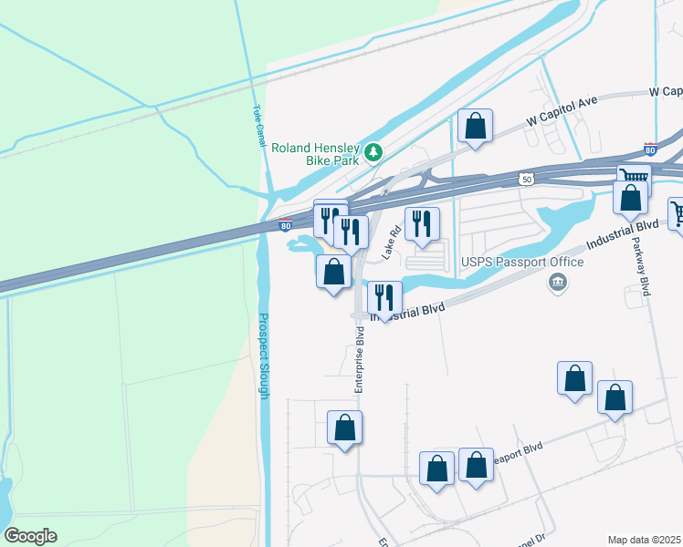 map of restaurants, bars, coffee shops, grocery stores, and more near 1400 Enterprise Blvd in West Sacramento