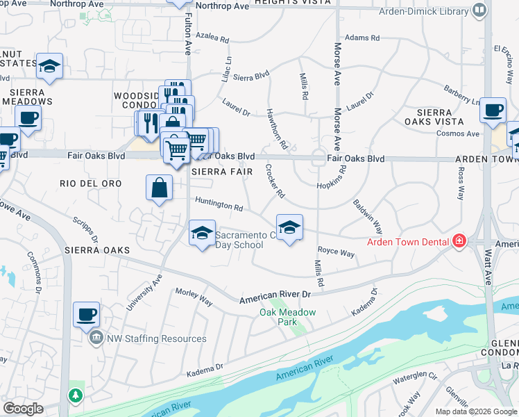 map of restaurants, bars, coffee shops, grocery stores, and more near 2751 Huntington Road in Sacramento